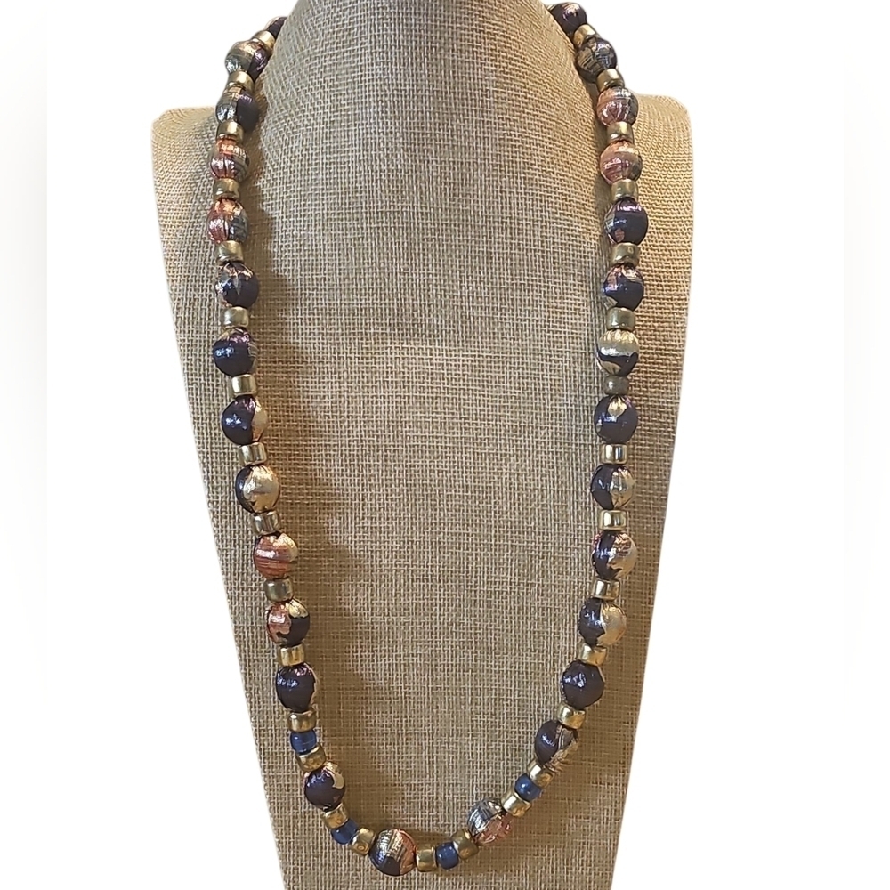 Vintage Unique Metallic Purple, Pink and Gold Fabric Covered Large Bead Necklace
